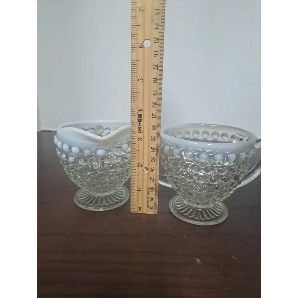 1940s Anchor Hocking Opalescent Hobnail Open Sugar Bowl And Creamer